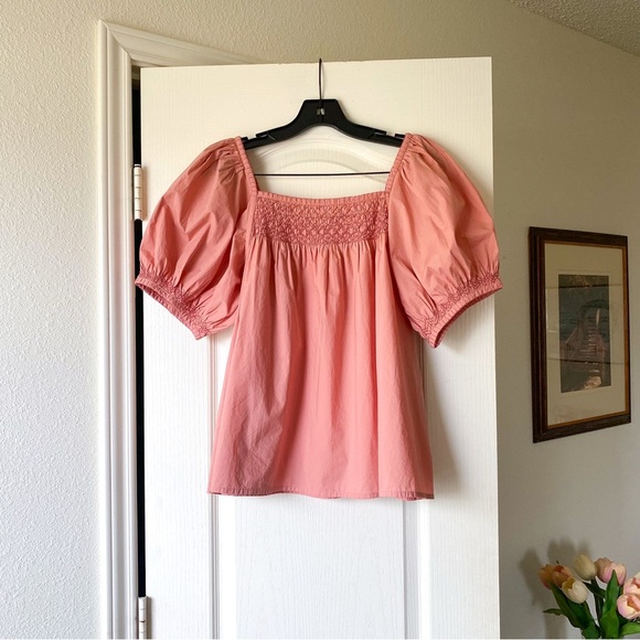 Doen Gail Top Smocked Cotton Poplin Blouse Petal Pink Puff Sleeve Medium EUC - Picture 2 of 8